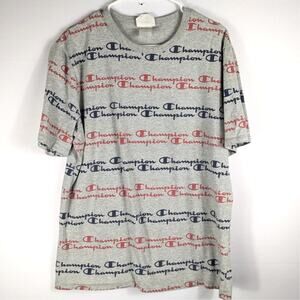 Champion Heritage Logo All Over Print T-Shirt Gray Red Blue Large Mens Tee